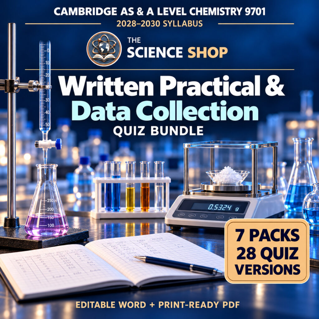 All 7 Written Practical Quiz Packs Bundle, Chemistry 9701, Science Shop: 7 packs and 28 original quizzes.