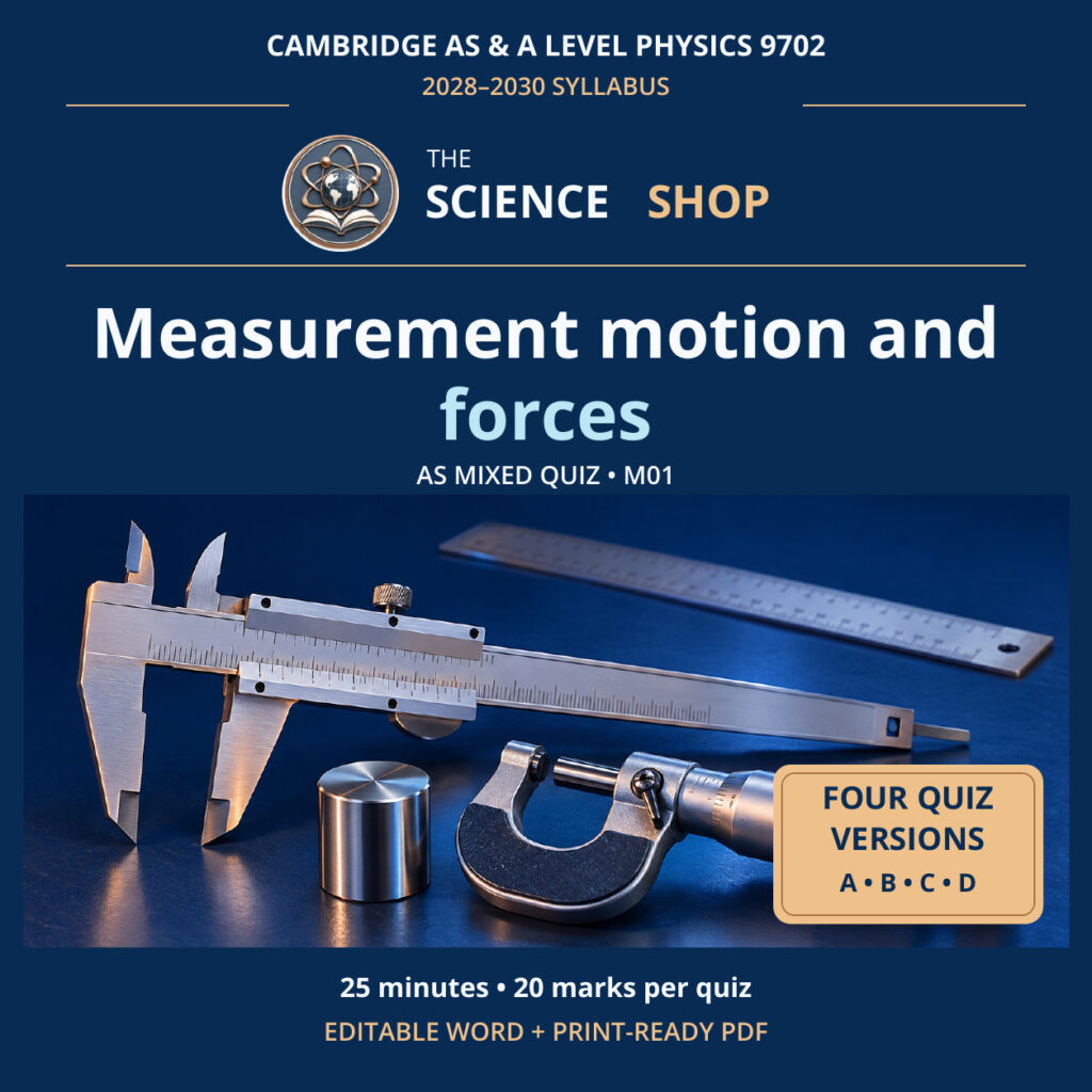 Measurement motion and forces Physics 9702 M01 cover: four original quiz versions, Science Shop branding.