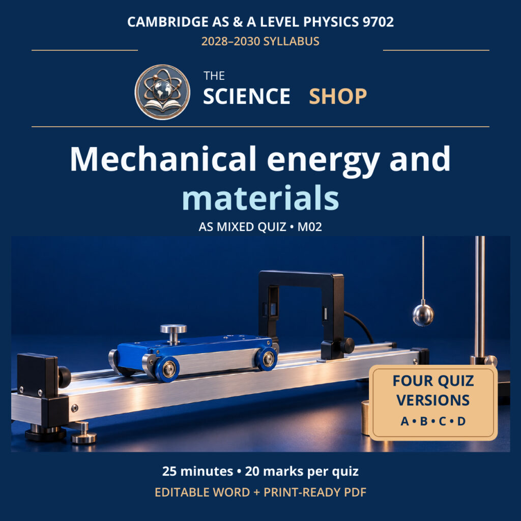 Mechanical energy and materials Physics 9702 M02 cover: four original quiz versions, Science Shop branding.