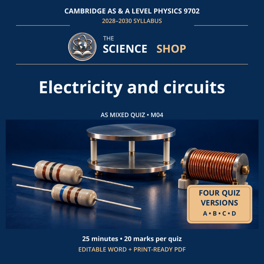 Electricity and circuits Physics 9702 M04 cover: four original quiz versions, Science Shop branding.