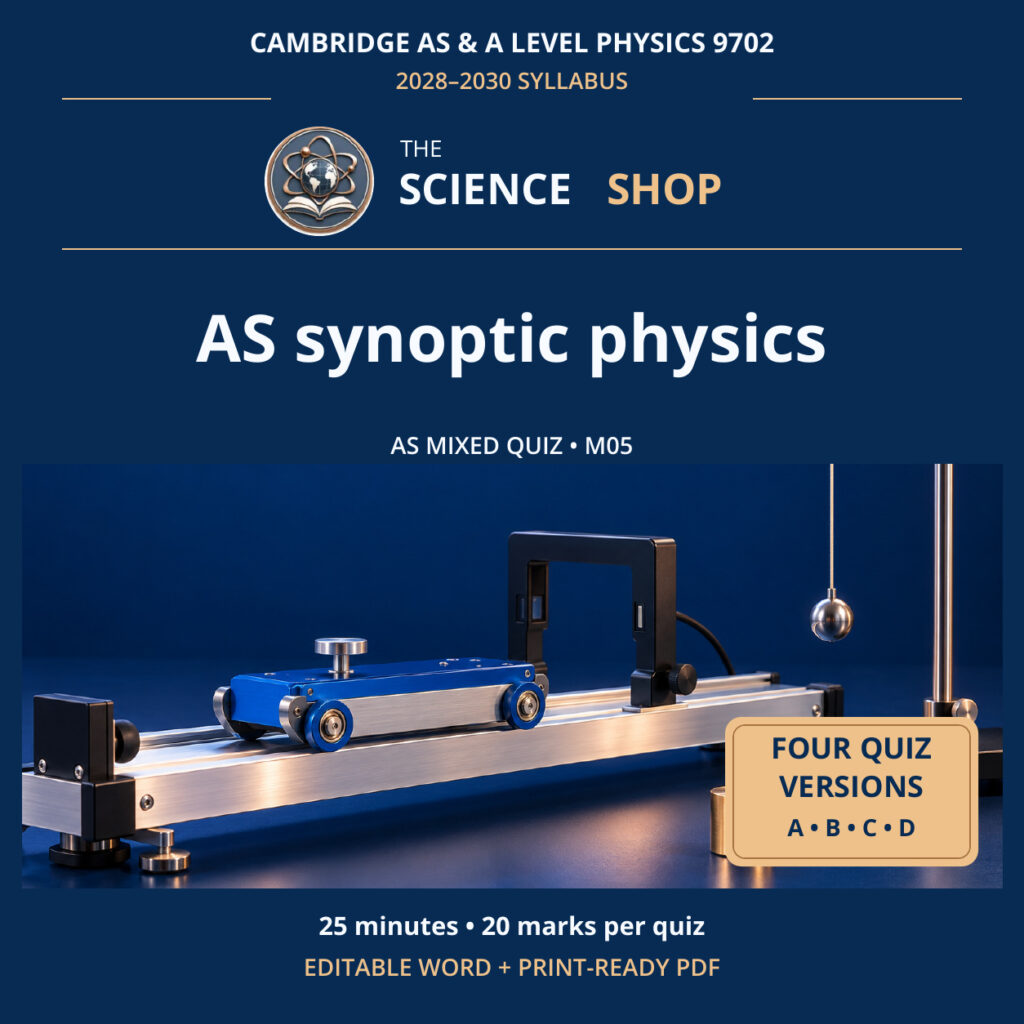 AS synoptic physics Physics 9702 M05 cover: four original quiz versions, Science Shop branding.