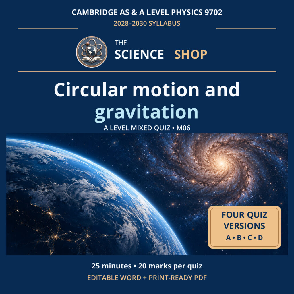 Circular motion and gravitation Physics 9702 M06 cover: four original quiz versions, Science Shop branding.