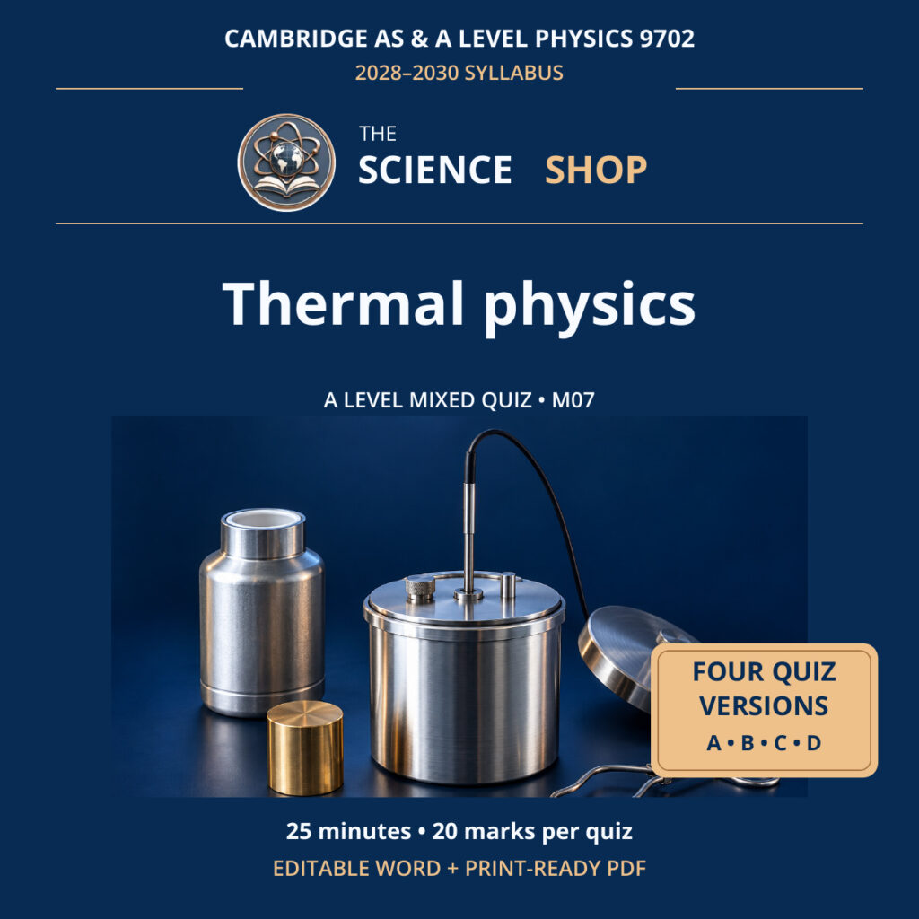 Thermal physics Physics 9702 M07 cover: four original quiz versions, Science Shop branding.