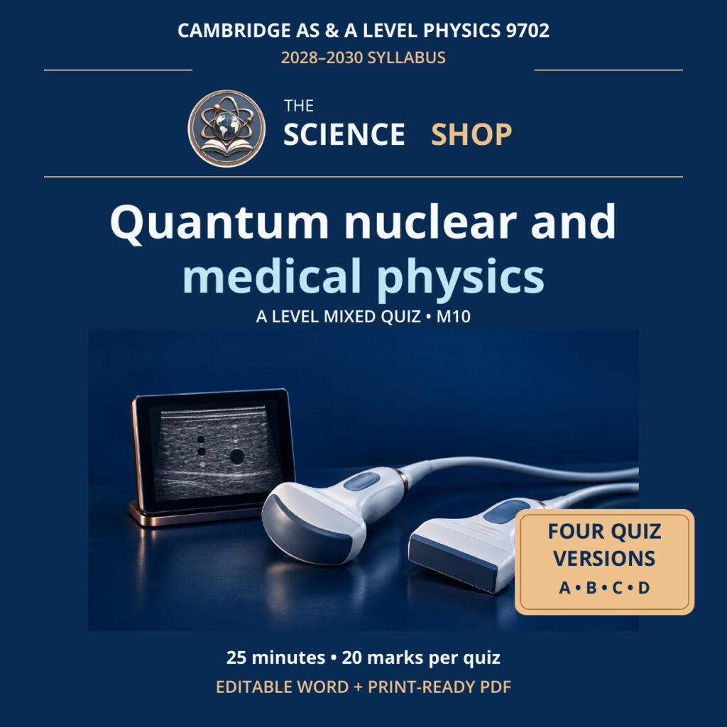Quantum nuclear and medical physics Physics 9702 M10 cover: four original quiz versions, Science Shop branding.