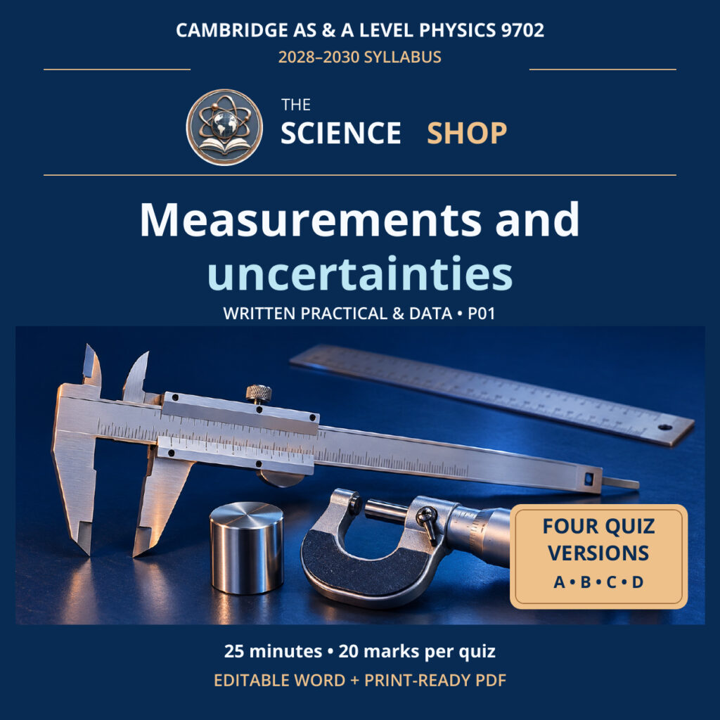 Measurements and uncertainties Physics 9702 P01 cover: four original quiz versions, Science Shop branding.