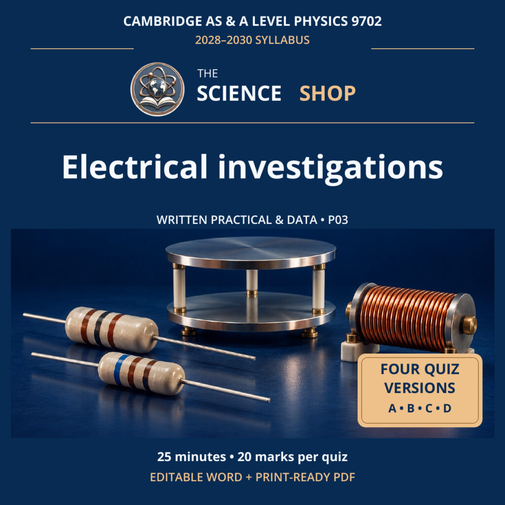 Electrical investigations Physics 9702 P03 cover: four original quiz versions, Science Shop branding.