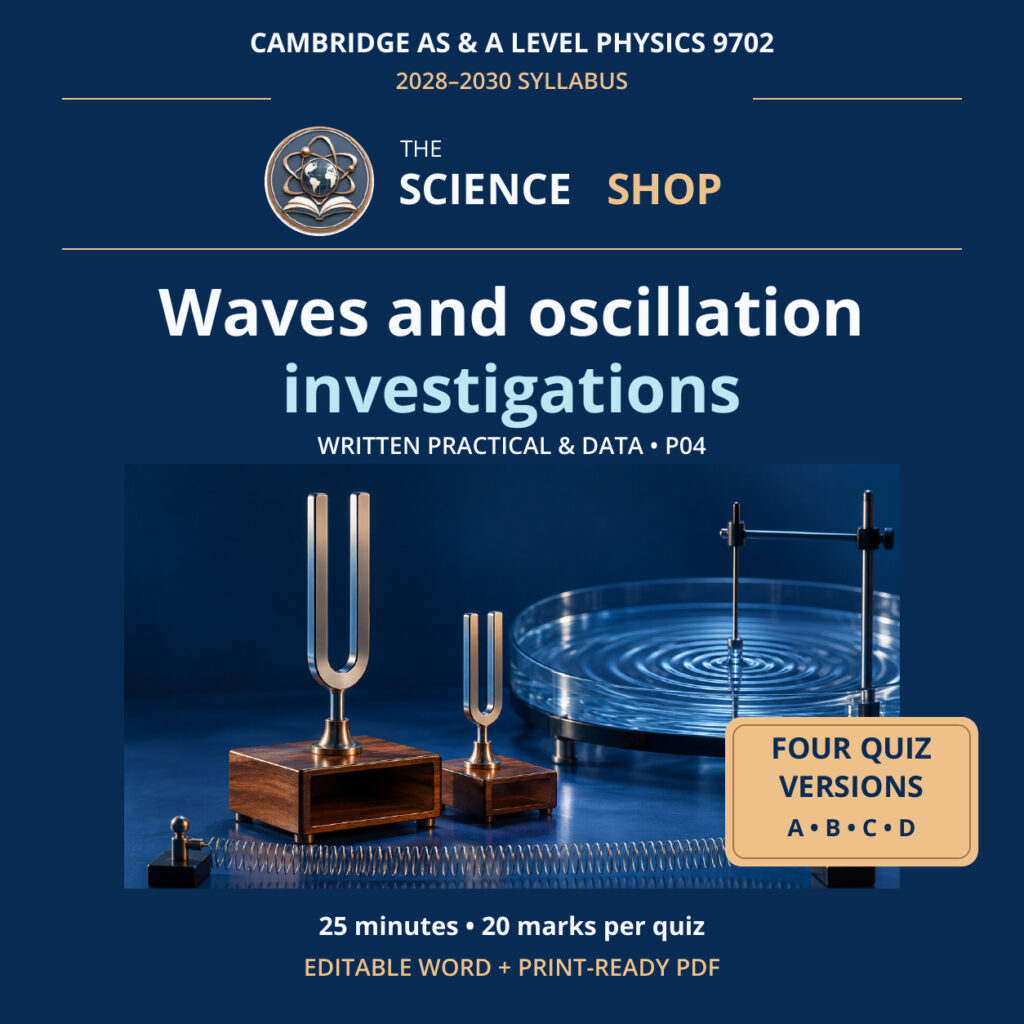 Waves and oscillation investigations Physics 9702 P04 cover: four original quiz versions, Science Shop branding.