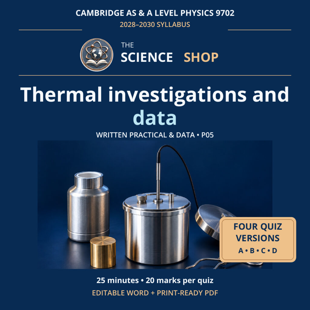 Thermal investigations and data Physics 9702 P05 cover: four original quiz versions, Science Shop branding.