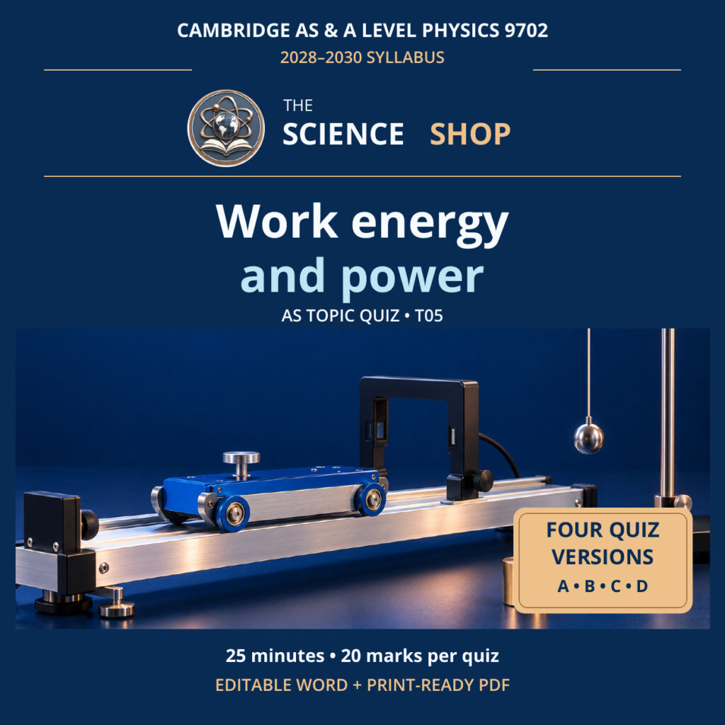 Work energy and power Physics 9702 T05 cover: four original quiz versions, Science Shop branding.