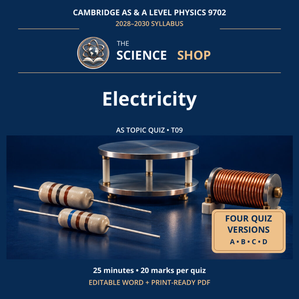 Electricity Physics 9702 T09 cover: four original quiz versions, Science Shop branding.