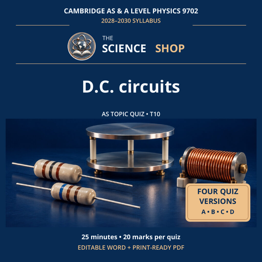 D.C. circuits Physics 9702 T10 cover: four original quiz versions, Science Shop branding.