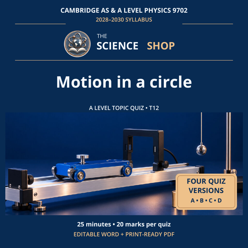 Motion in a circle Physics 9702 T12 cover: four original quiz versions, Science Shop branding.
