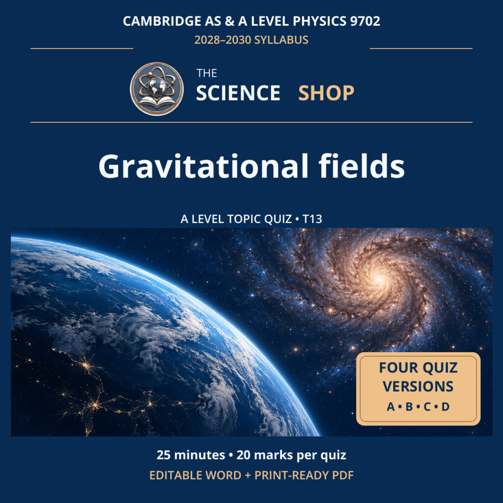 Gravitational fields Physics 9702 T13 cover: four original quiz versions, Science Shop branding.