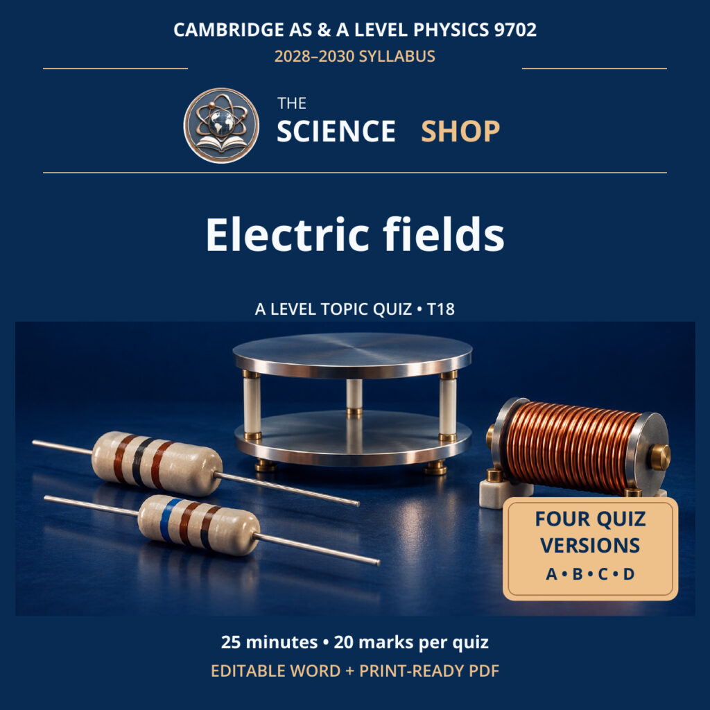 Electric fields Physics 9702 T18 cover: four original quiz versions, Science Shop branding.
