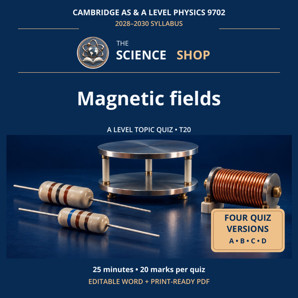 Magnetic fields Physics 9702 T20 cover: four original quiz versions, Science Shop branding.