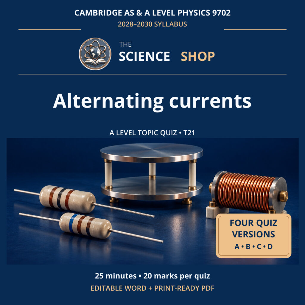 Alternating currents Physics 9702 T21 cover: four original quiz versions, Science Shop branding.