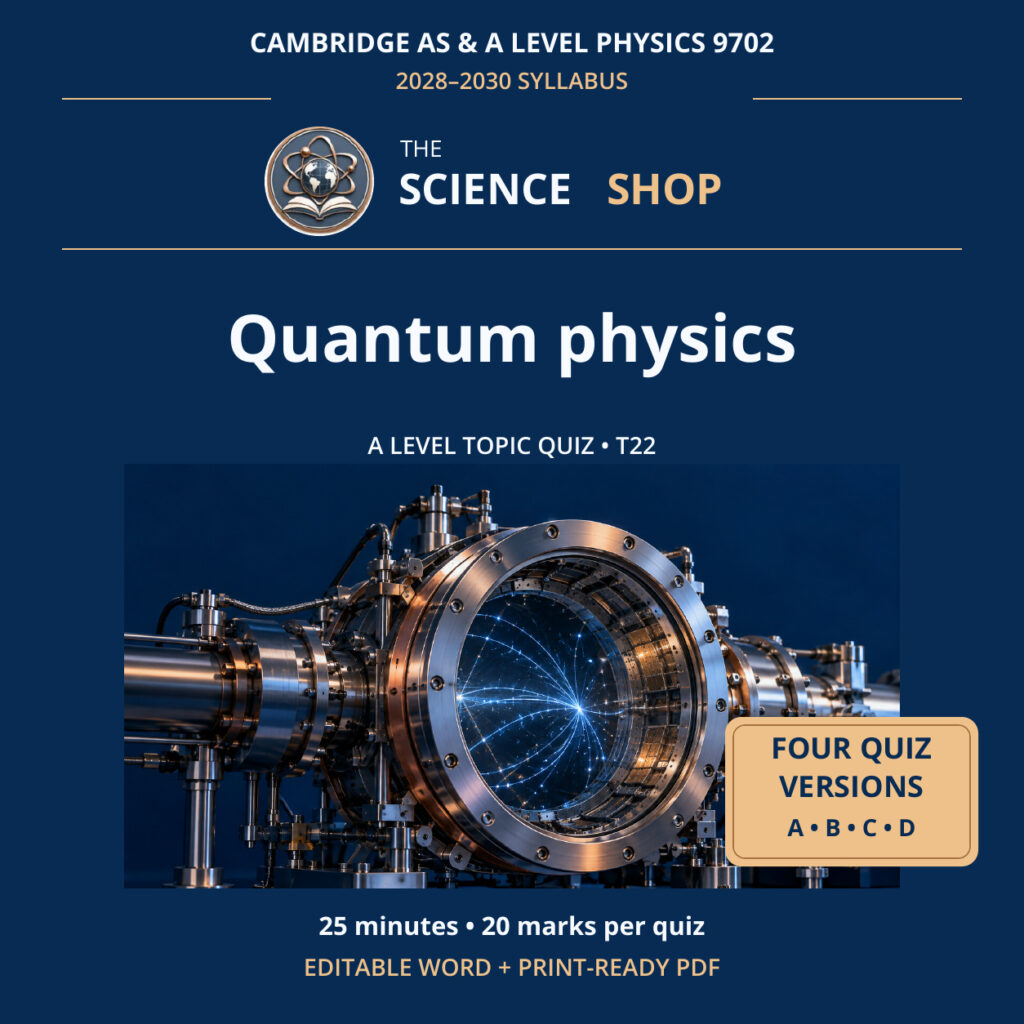 Quantum physics Physics 9702 T22 cover: four original quiz versions, Science Shop branding.