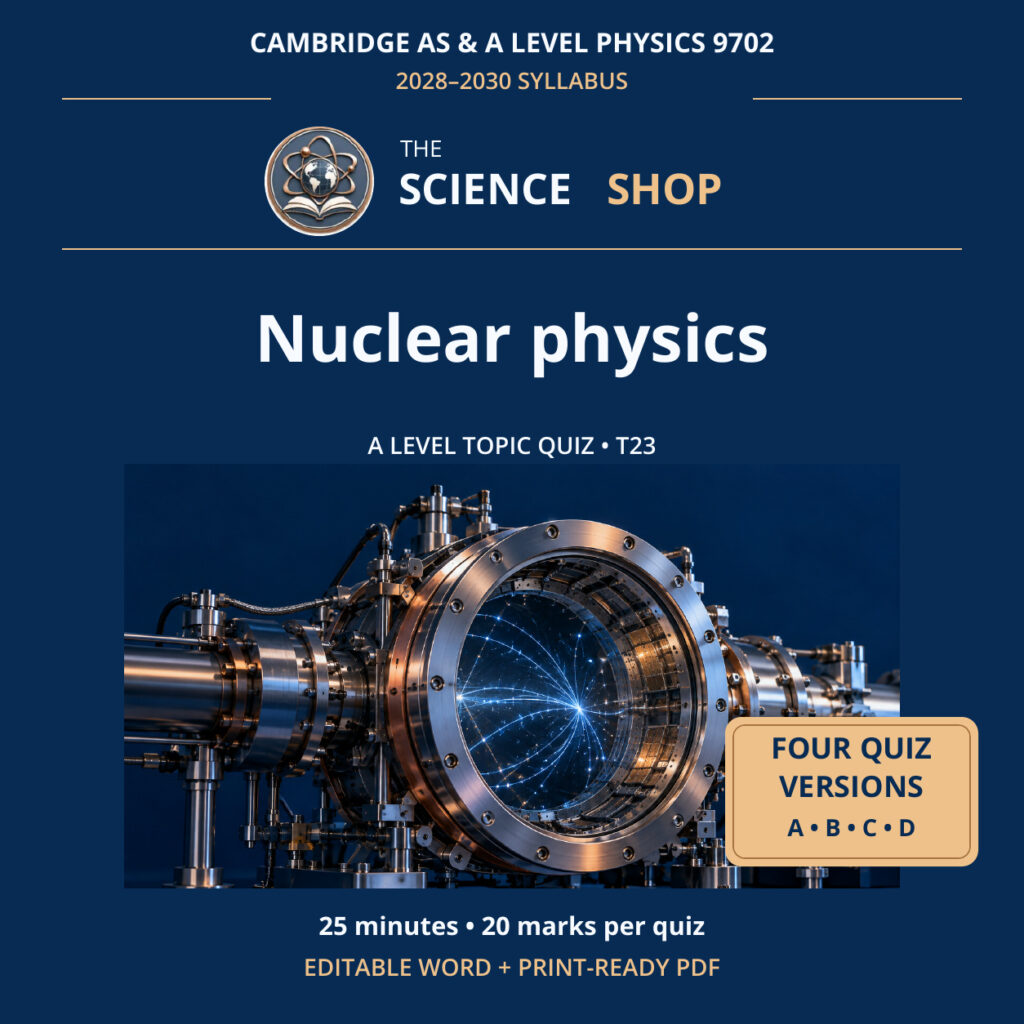 Nuclear physics Physics 9702 T23 cover: four original quiz versions, Science Shop branding.