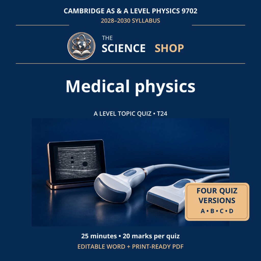 Medical physics Physics 9702 T24 cover: four original quiz versions, Science Shop branding.