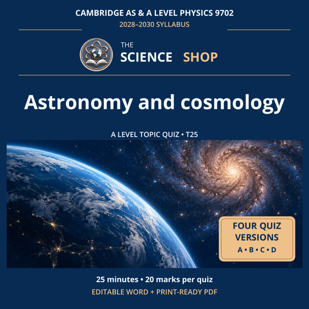 Astronomy and cosmology Physics 9702 T25 cover: four original quiz versions, Science Shop branding.