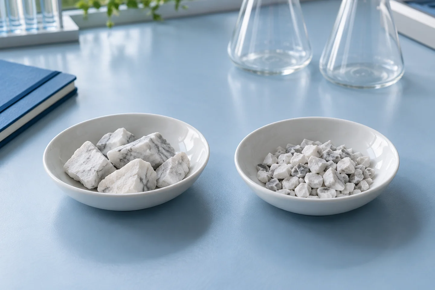 Large and small white marble chips in separate dishes on a blue laboratory bench.
