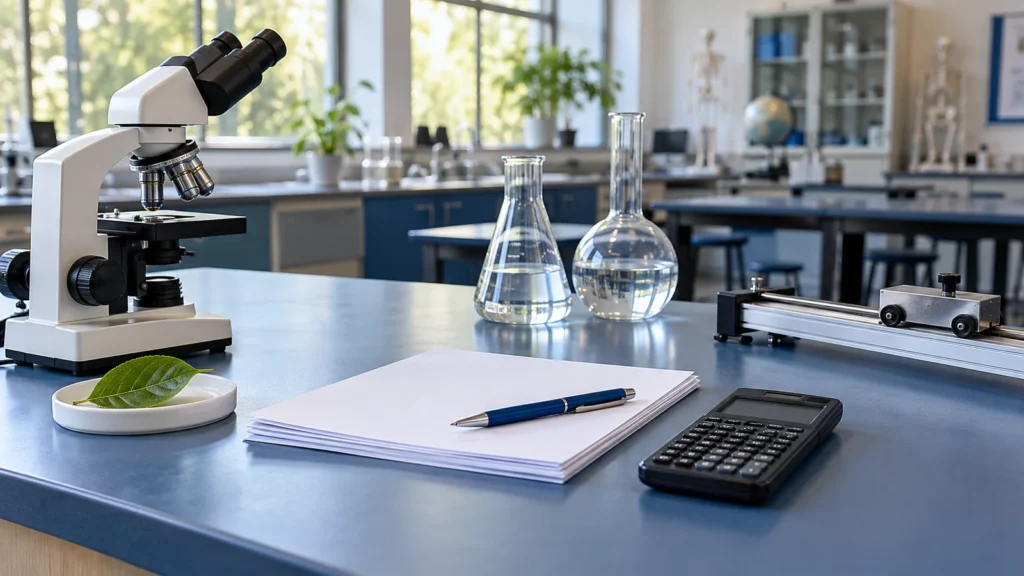 Microscope, laboratory glassware, assessment papers and a dynamics trolley on a blue science classroom bench.