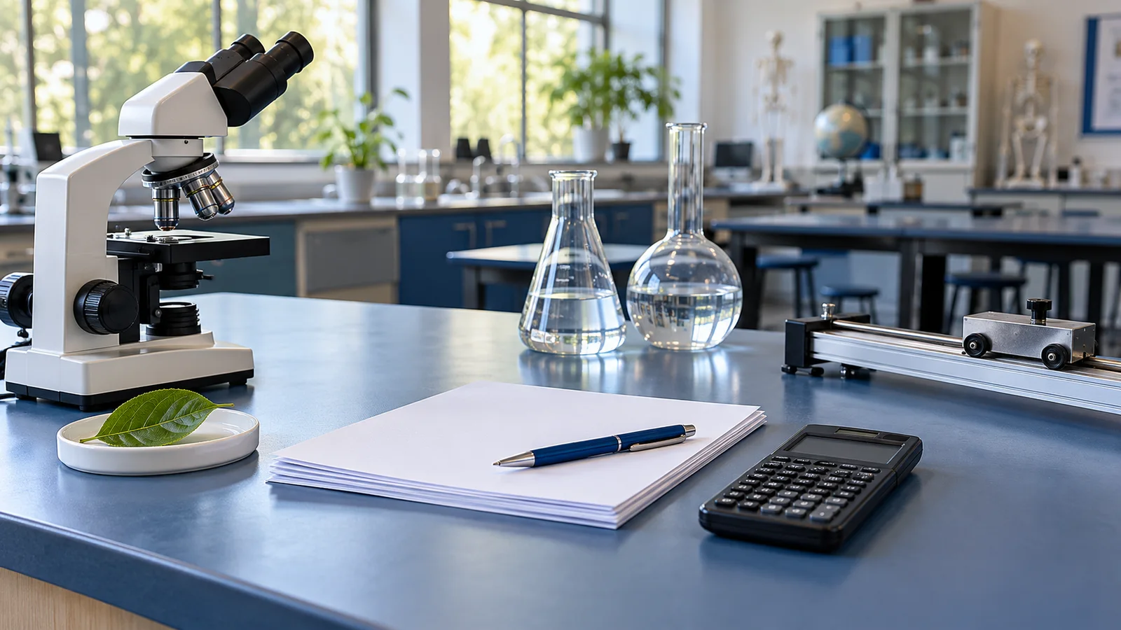 Microscope, laboratory glassware, assessment papers and a dynamics trolley on a blue science classroom bench.