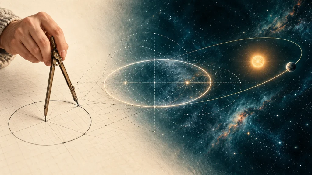 A compass-drawn circle on paper blends into geometric lines and a planetary orbit against a star-filled sky.