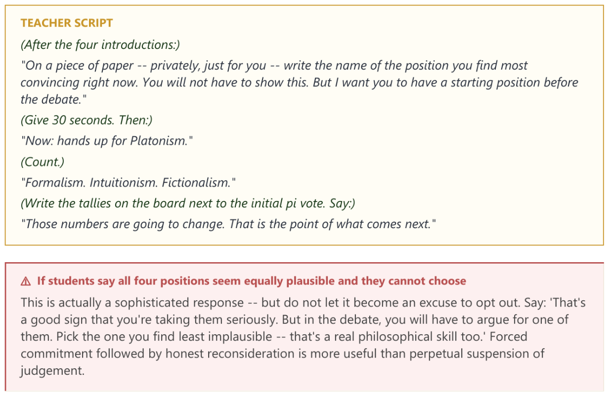 Teacher walkthrough excerpt asking students to choose a philosophical position privately, record a class tally and prepare to defend a view in the debate.